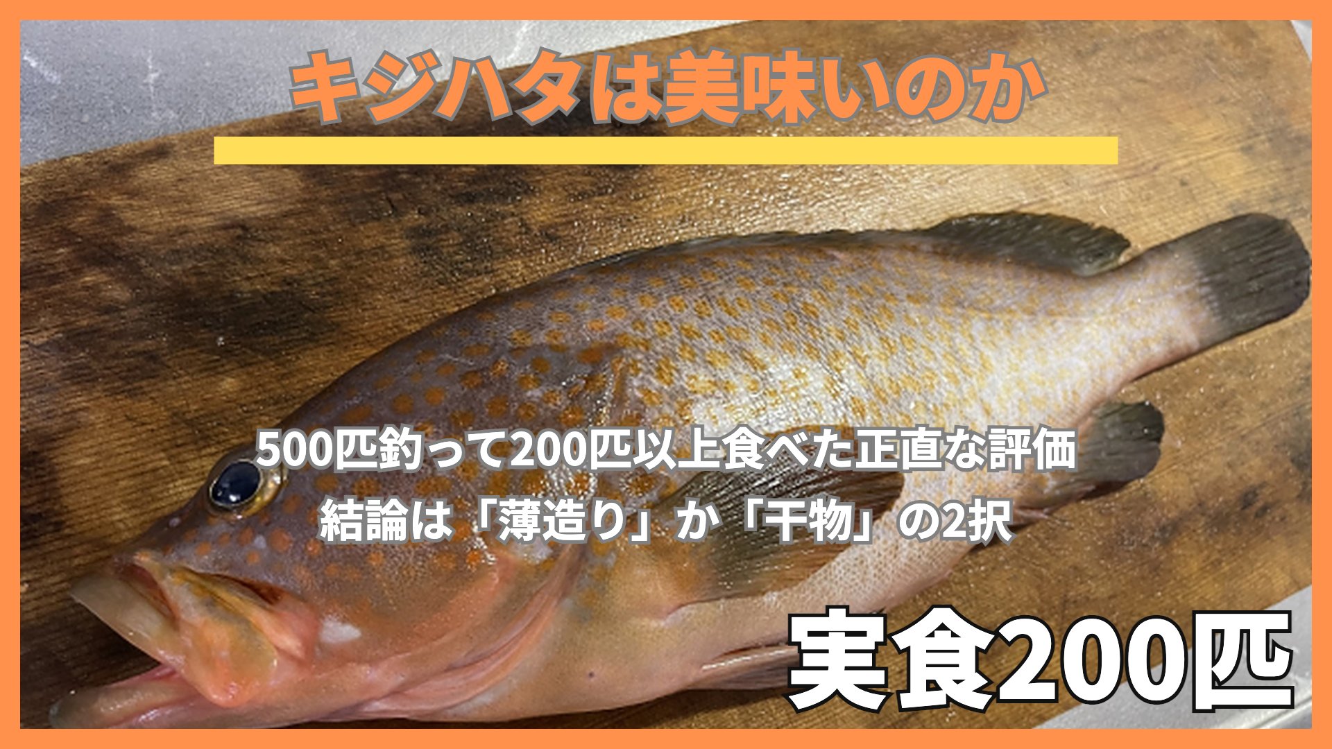 まな板の上に置かれたキジハタ（アコウ）。赤褐色の体にオレンジ色の斑点が全身に散り、背ビレと尾ビレは黒っぽい