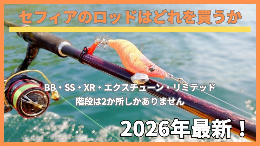 青い海をバックに、エギングロッドにセットしたオレンジのエギとスピニングリールのアップ