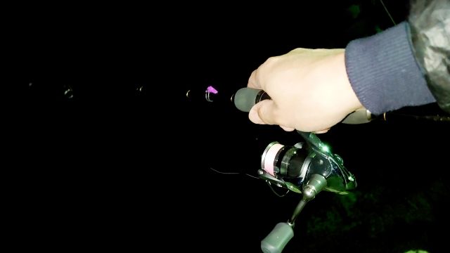 夜釣りのロッドとリールの手元