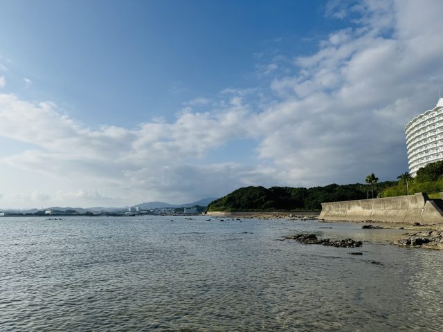 遠浅の海岸線と護岸