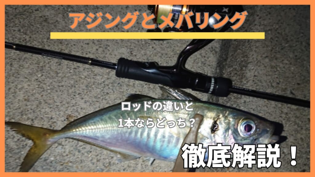 夜の堤防に置いたアジとアジングロッドに「アジングとメバリング ロッドの違い」の文字