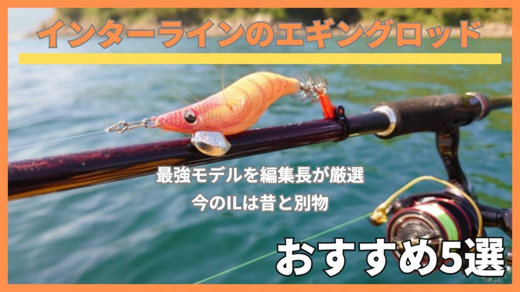 海を背に、エギングロッドに掛けたオレンジのエギとスピニングリール