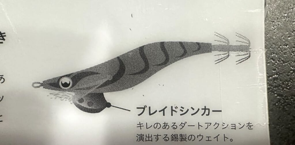 エギ王LIVEのパッケージ裏の図。頭の下の丸いブレイドシンカーと「キレのあるダートアクションを演出する錫製のウェイト」の説明