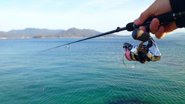 青い海と対岸の山を背景に、ライトゲーム用のスピニングリールとロッドを沖に向けて構える手元のアップ